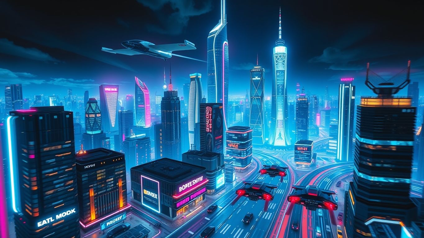 Futuristic cityscape with neon lights and flying cars