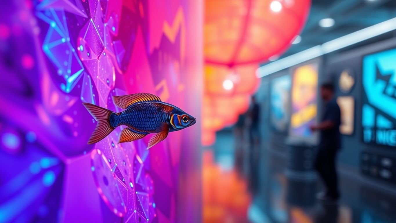 Vibrant digital art piece in a high-tech gallery