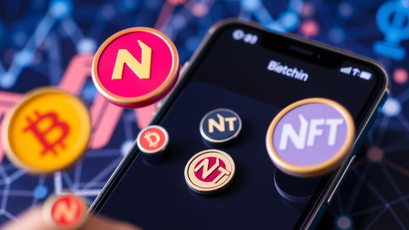 Digital wallet with NFT icons and blockchain graphics.