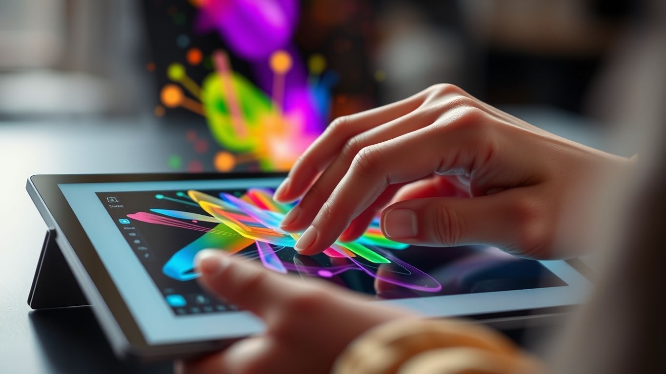 Digital artist creating vibrant abstract shapes on a tablet