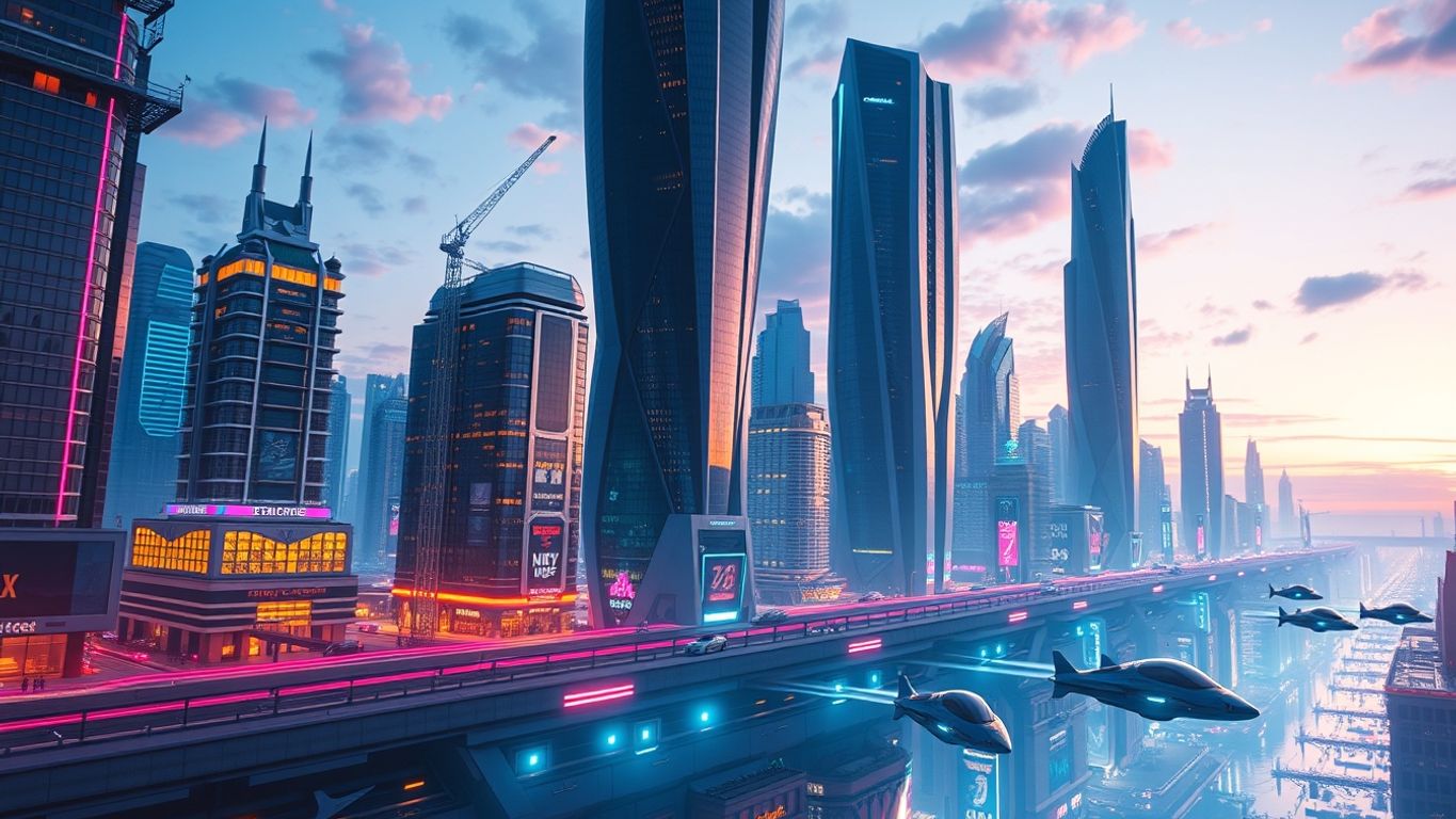 Futuristic cityscape with neon lights and flying cars.