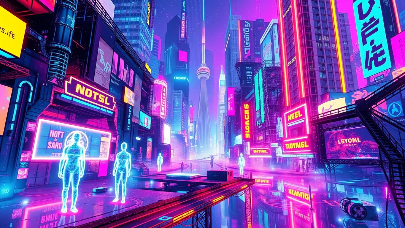 Futuristic cityscape with holographic figures