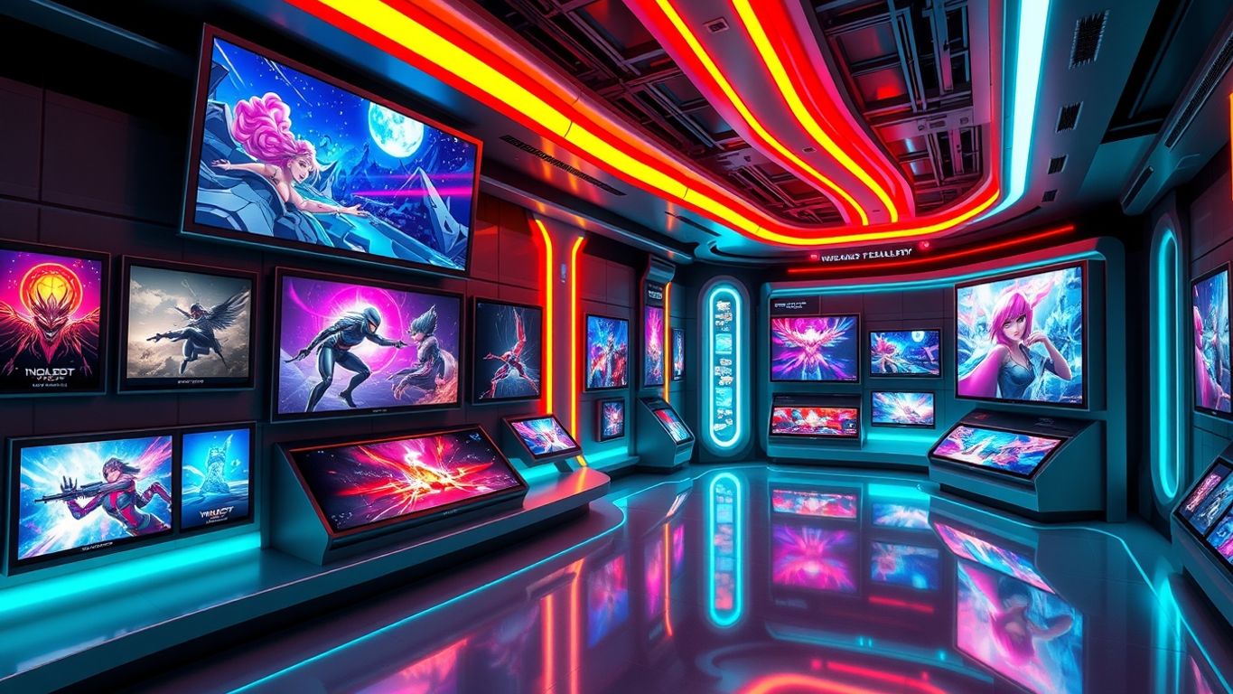 Futuristic digital art gallery with NFT artworks