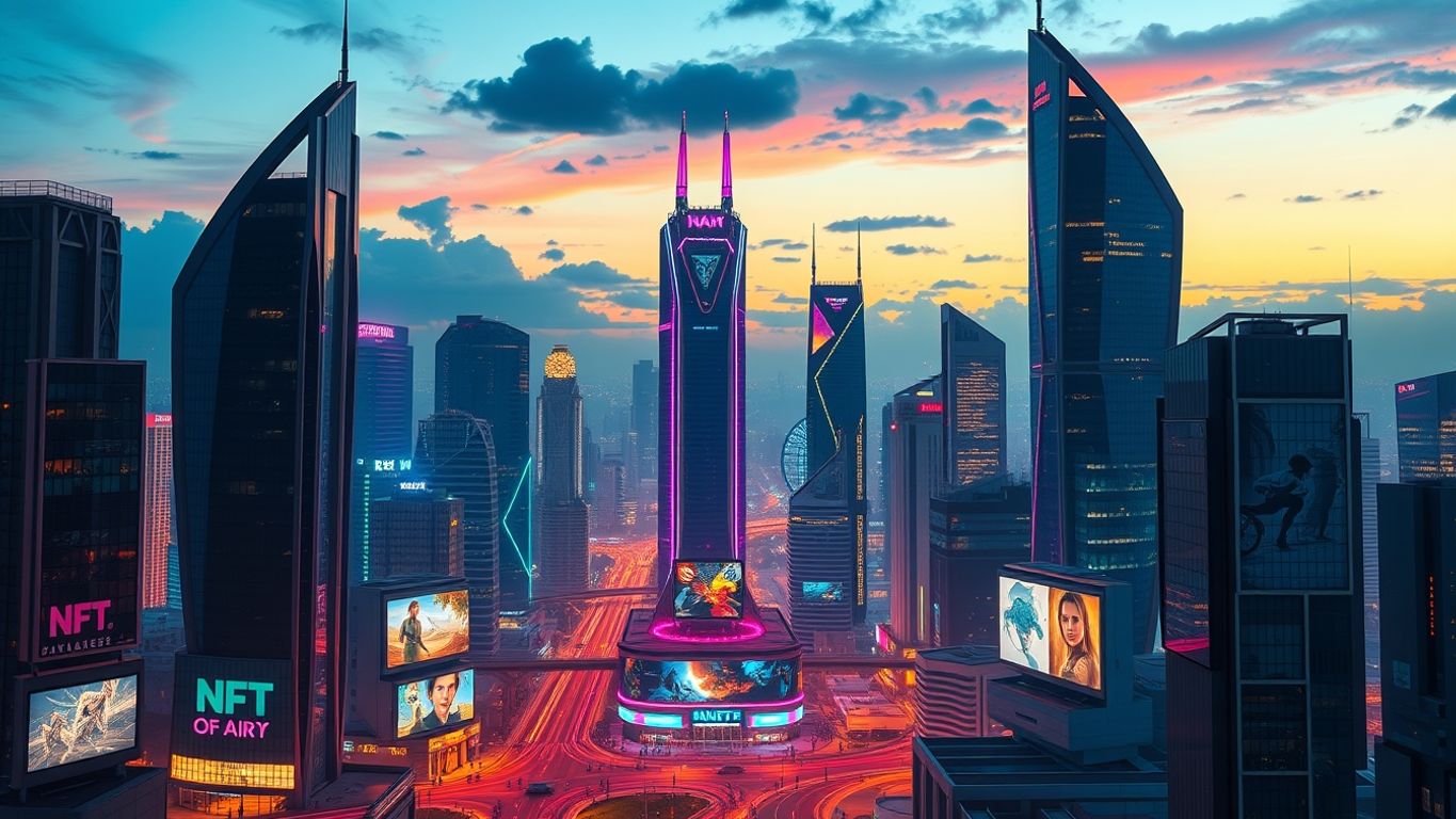 Futuristic cityscape with colorful lights and NFT art gallery.